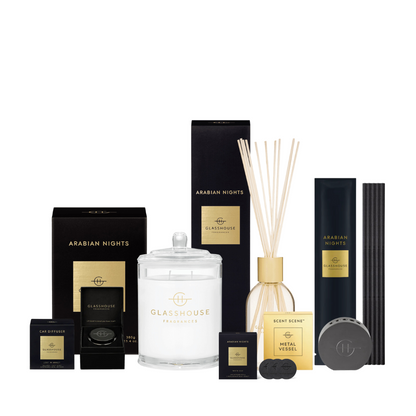 Glasshouse Fragrances Arabian Nights Ultimate Bundle (Candle, Diffuser, Scent Stems, Car Diffuser & Replacement) valued $215