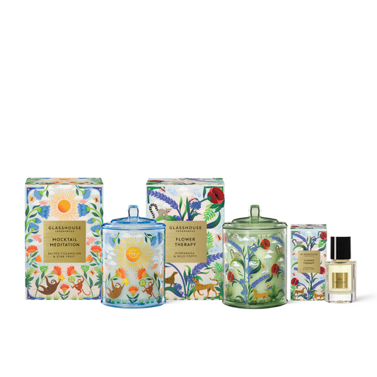 Glasshouse Fragrances Summer Refresh Bundle (Flower Therapy Candle 380g, Flower Therapy Perfume 30mL, Mocktail Meditation Candle 380g)