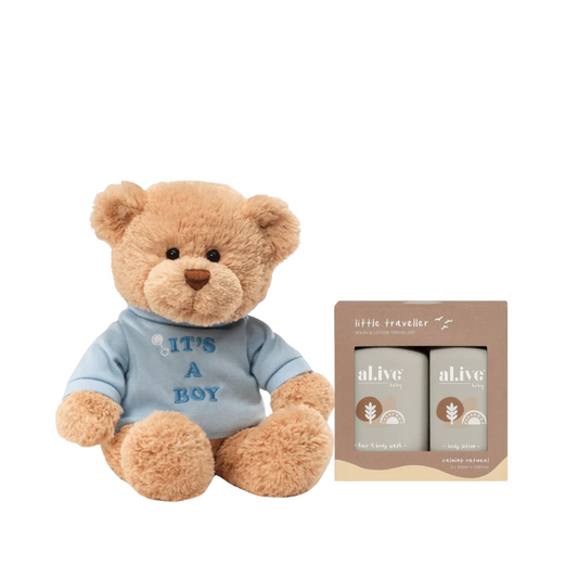 Baby Gift Set - Gund It’s A Boy Teddy Bear & al.ive body Little Traveller Wash & Lotion Set