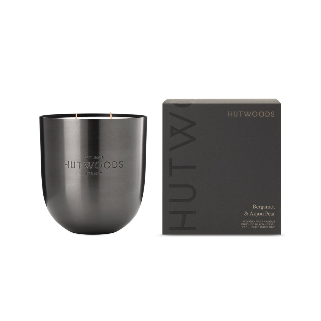 Hutwoods Bergamot & Anjou Pear Matte Black Vessel Candle Extra Large 200+ Hours Burn Time