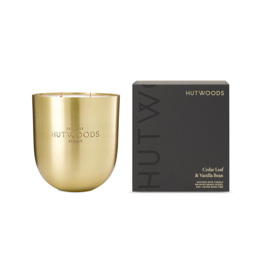 Hutwoods Cedar Leaf & Vanilla Bean Brass Vessel Candle Extra Large 200+ Hours Burn Time