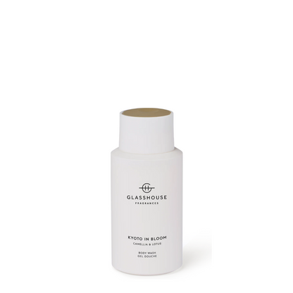 White bottle of Glasshouse Fragrances Kyoto in Bloom body wash on a white background