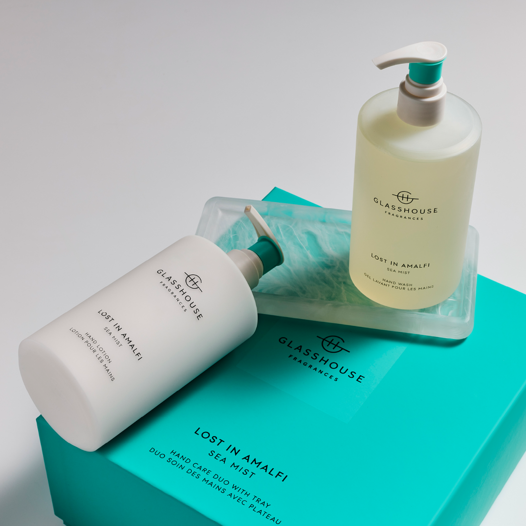 Glasshouse Fragrances Lost in Amalfi Sea Mist Hand Wash, Hand Lotion & Tray Set