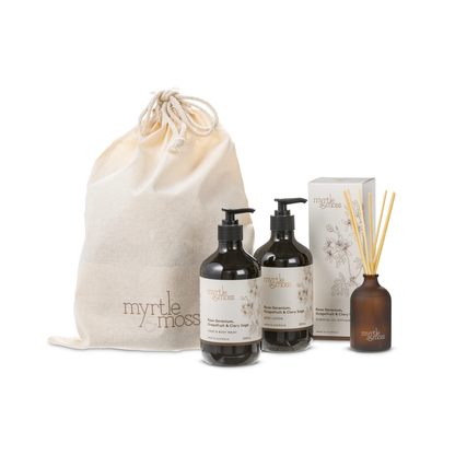 Myrtle & Moss Bathroom Bliss Bundle Rose Geranium, Grapefruit & Clary Sage