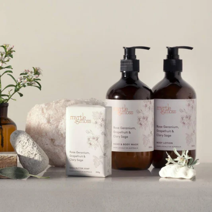 Myrtle & Moss Bathroom Bliss Bundle Rose Geranium, Grapefruit & Clary Sage - The Perfume Company
