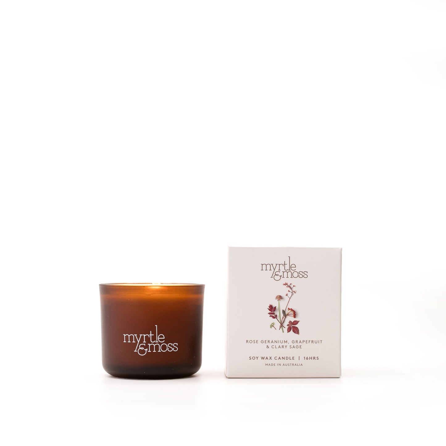 Myrtle & Moss Signature Soy Wax Candle Rose Geranium, Grapefruit & Clary Sage 16-Hour