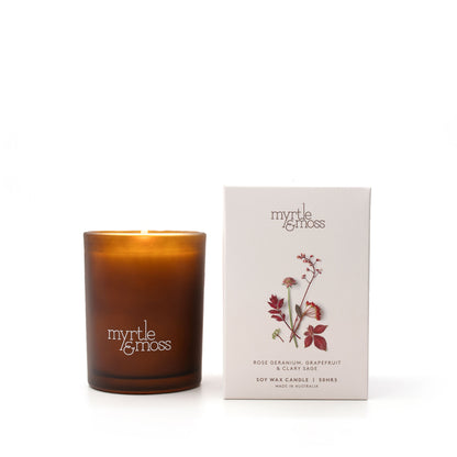 Myrtle & Moss Signature Soy Wax Candle Rose Geranium, Grapefruit & Clary Sage 50-Hour