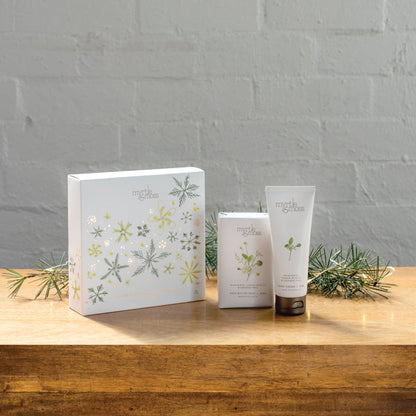 Myrtle & Moss Christmas Duet Gift Set Mandarin, Lemon Myrtle & Orange Peel - product and Christmas packaging