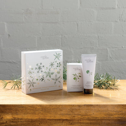 Myrtle & Moss Christmas Duet Gift Set Bergamot Rind, Tangerine & Geranium Leaf - product and Christmas packaging