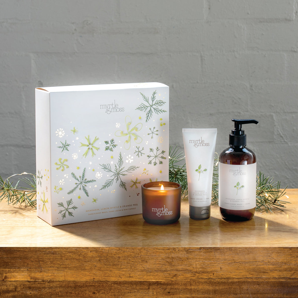 Myrtle & Moss Christmas Trio Gift Set Mandarin, Lemon Myrtle & Orange Peel - product and Christmas packaging