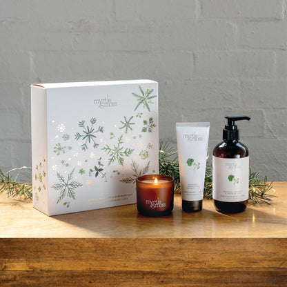 Myrtle & Moss Christmas Trio Gift Set Bergamot Rind, Tangerine & Geranium Leaf - product and Christmas packaging