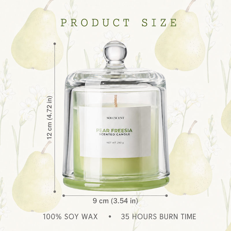 Soluscent Pear Freesia 290g soy candle size and burn time guide