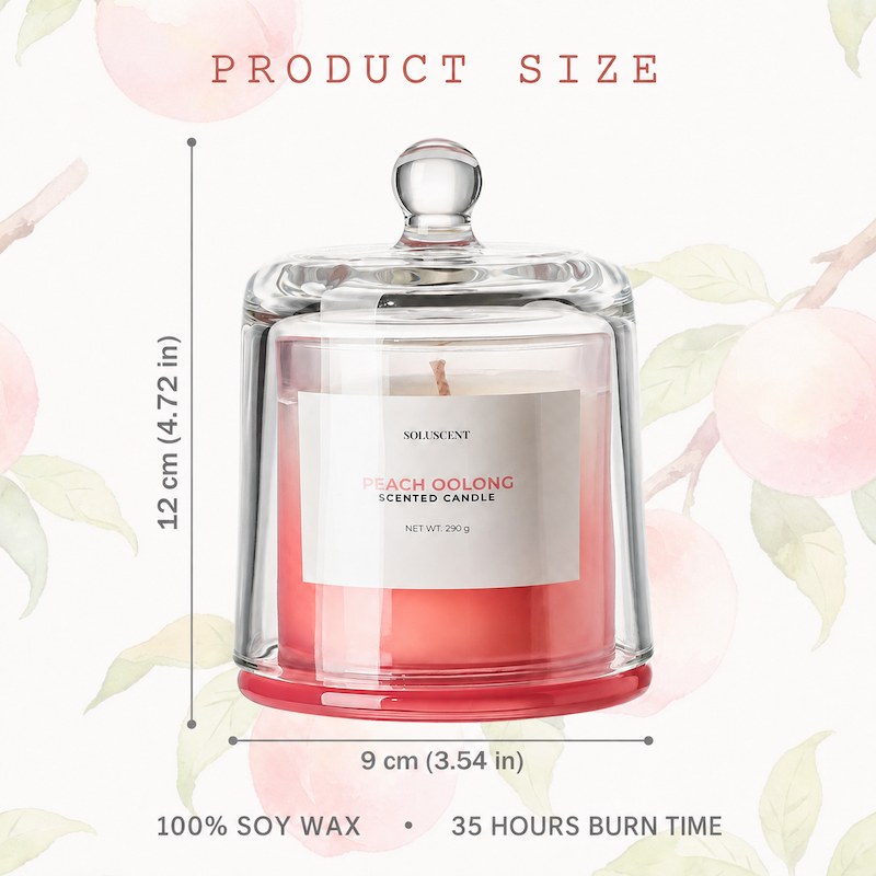 Soluscent Peach Oolong 290g soy candle size and burn time guide
