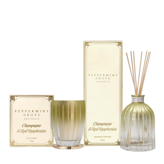 Peppermint Grove Champagne & Red Raspberries Candle 370g & Diffuser 350mL Bundle (worth $95)