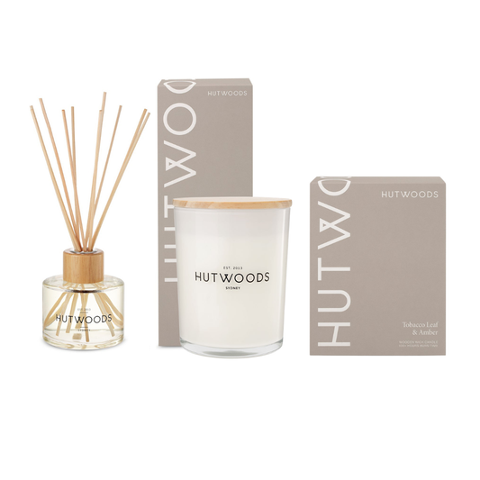 Hutwoods Tobacco Leaf & Amber Large Candle 500g & Reed Diffuser 200mL Bundle - The Gift Company