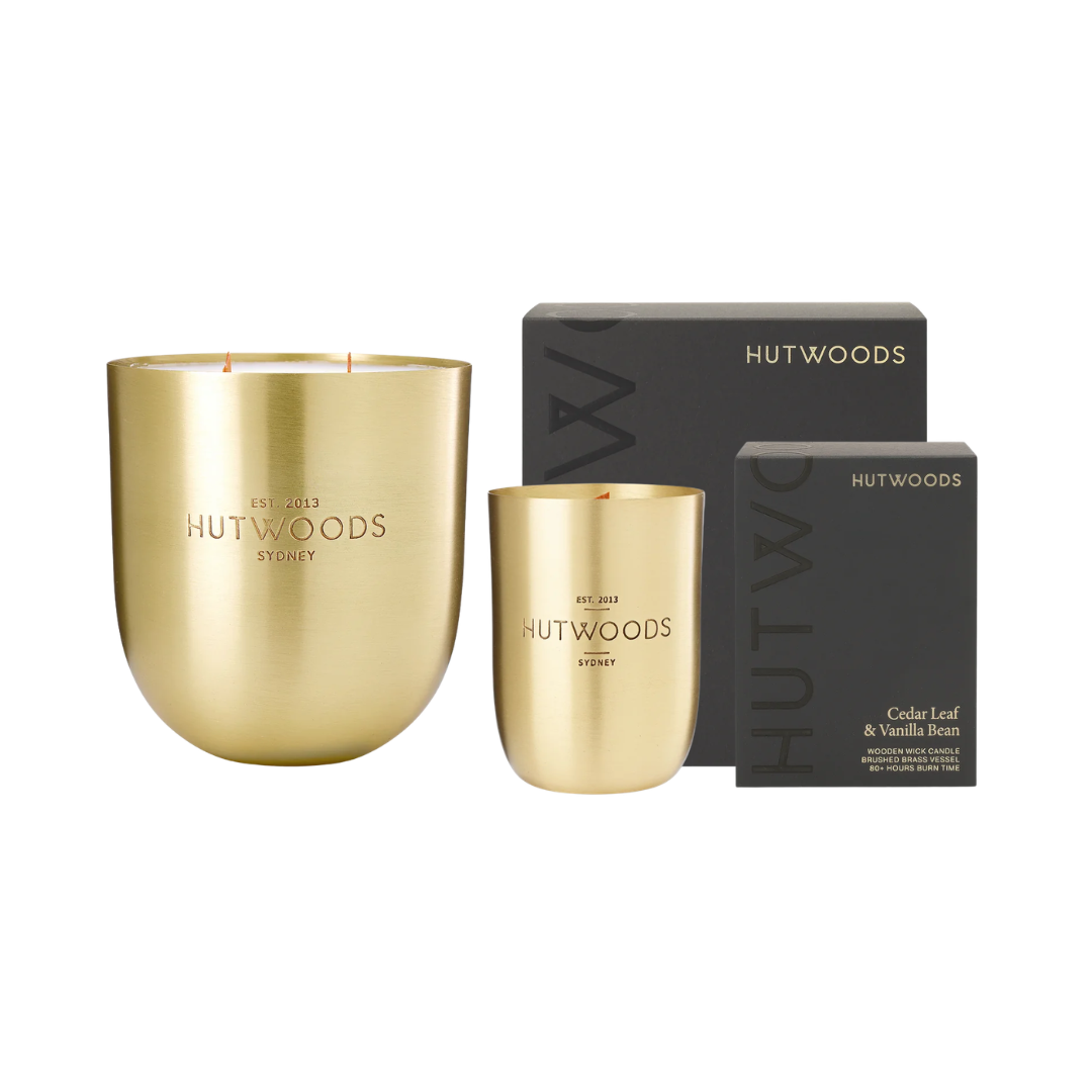 Hutwoods Cedar Leaf & Vanilla Bean Brass Vessel Candle Duo Bundle