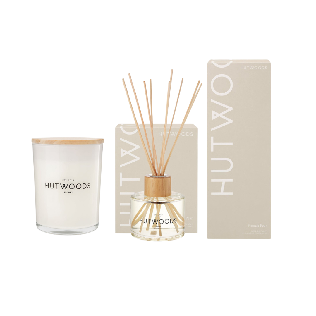 Hutwoods French Pear Large Candle 500g & Reed Diffuser 200mL Bundle