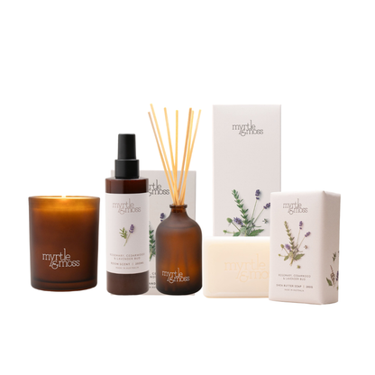 Myrtle & Moss Rosemary, Cedarwood & Lavender Bud Candle, Diffuser, Room Scent & Soap Bundle