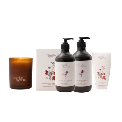 Myrtle & Moss Rose Geranium, Grapefruit & Clary Sage Wash, Lotion, Hand Cream & Candle Gift Bundle