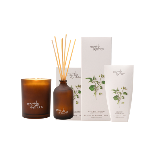 Myrtle & Moss Bergamot, Tangerine & Geranium Leaf Candle, Diffuser & Hand Cream Bundle