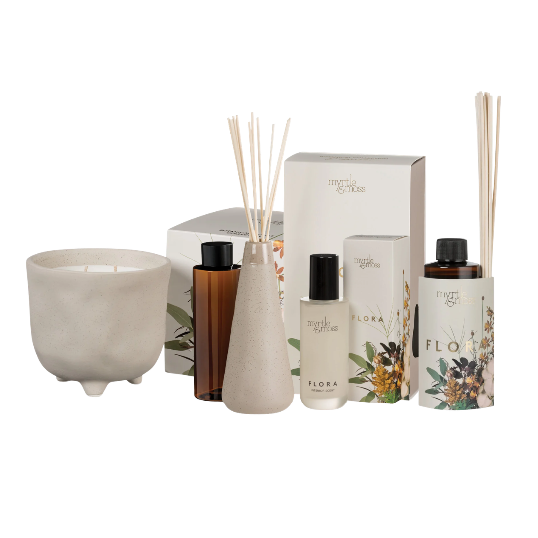 Myrtle & Moss Flora Botanical Candle, Diffuser, Interior Scent & Refill Home Fragrance Bundle