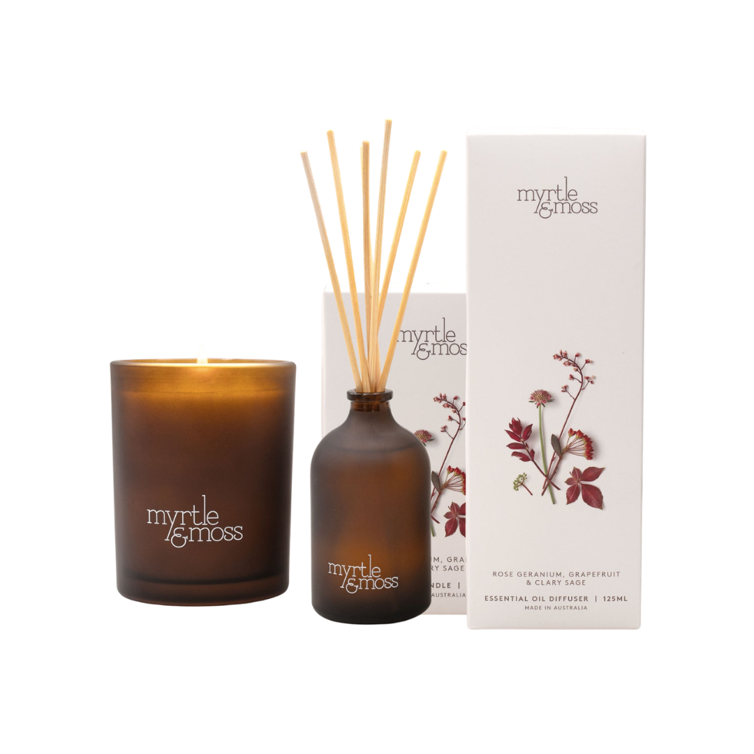Myrtle & Moss Signature Rose Geranium, Grapefruit & Clary Sage Candle & Diffuser Bundle