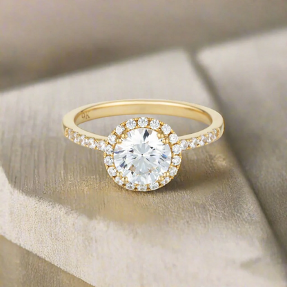 GEORGINI Round Brilliant Cut Halo Moissanite Engagement Ring – 1.25ctw, 9ct Yellow Gold