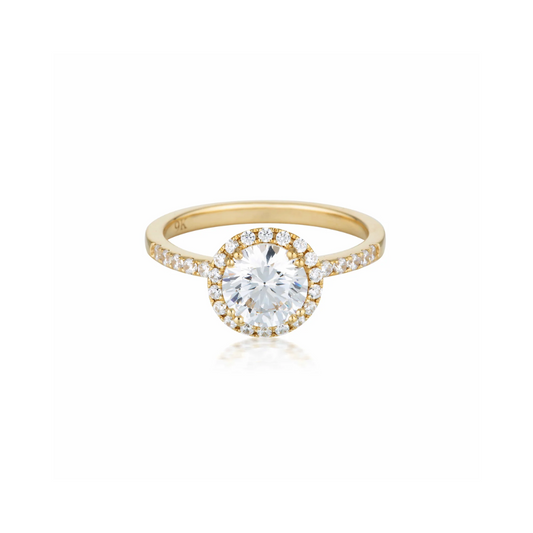 GEORGINI Round Brilliant Cut Halo Moissanite Engagement Ring – 1.25ctw, 9ct Yellow Gold
