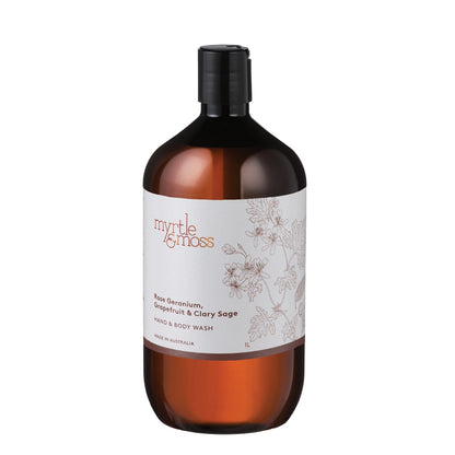 Myrtle & Moss Hand & Body Wash Refill Rose Geranium, Grapefruit & Clary Sage 1L