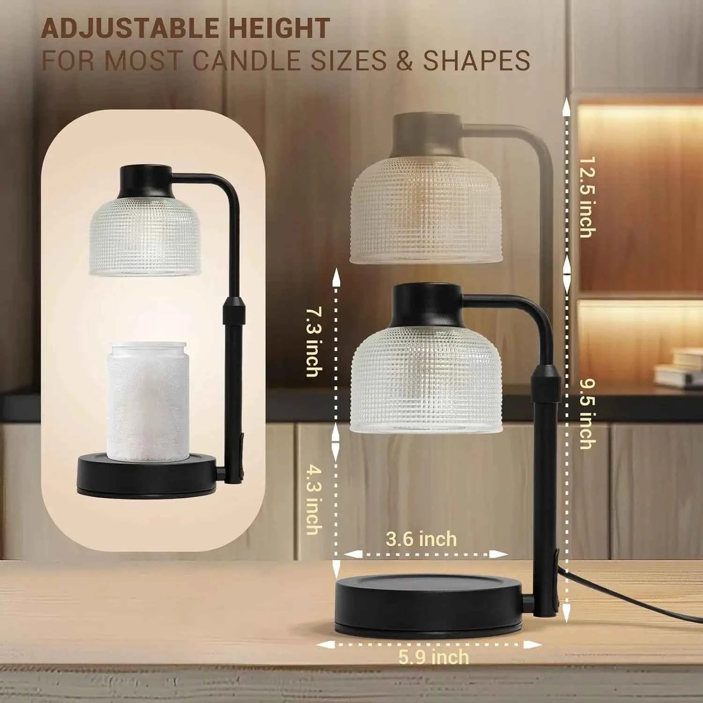 Black Adjustable-Height Candle Warmer Lamp with Timer – view 3