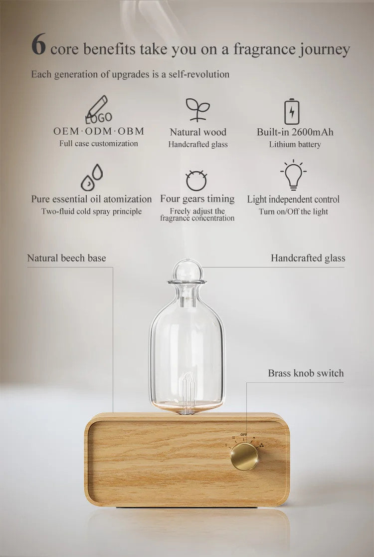 Glass Essential Oil Nebulizer Diffuser with Wood Grain Base - The Gift Company