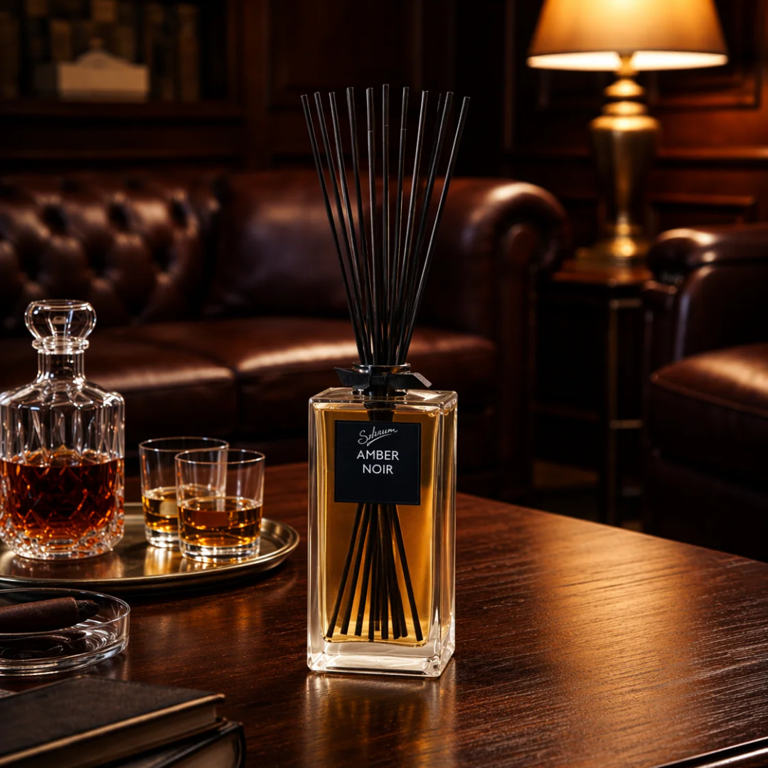 Sohum Amber Noir diffuser styled in a warm leather lounge interior