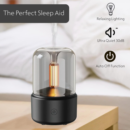 Black and gold night light on a bedside table with text 'The Perfect Sleep Aid' and features listed.