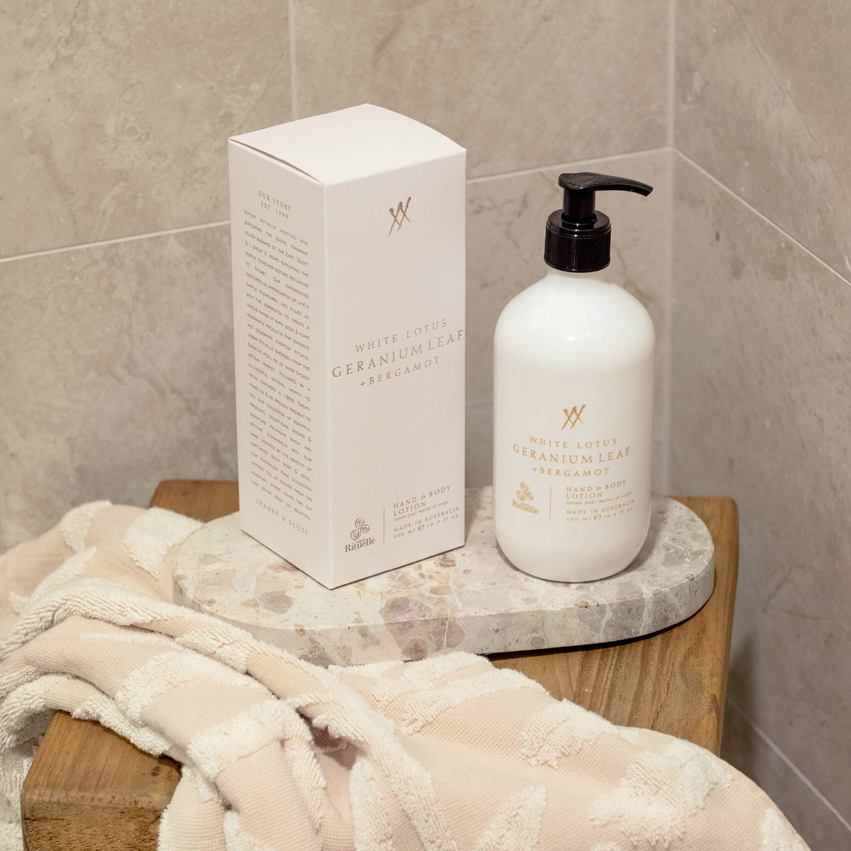 Urban Rituelle White Lotus, Geranium Leaf & Bergamot Hand & Body Lotion 500mL styled bathroom image