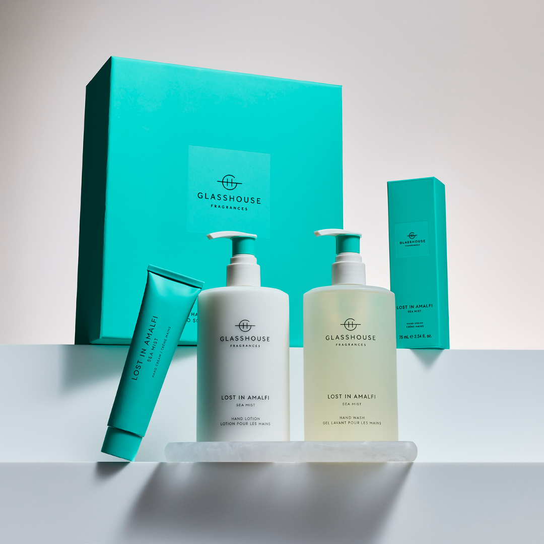 Bath & Body Gift Sets - Glasshouse - Glasshouse Fragrances Lost in Amalfi Sea Mist Hand Wash, Hand Lotion & Tray Set - The Gift Company