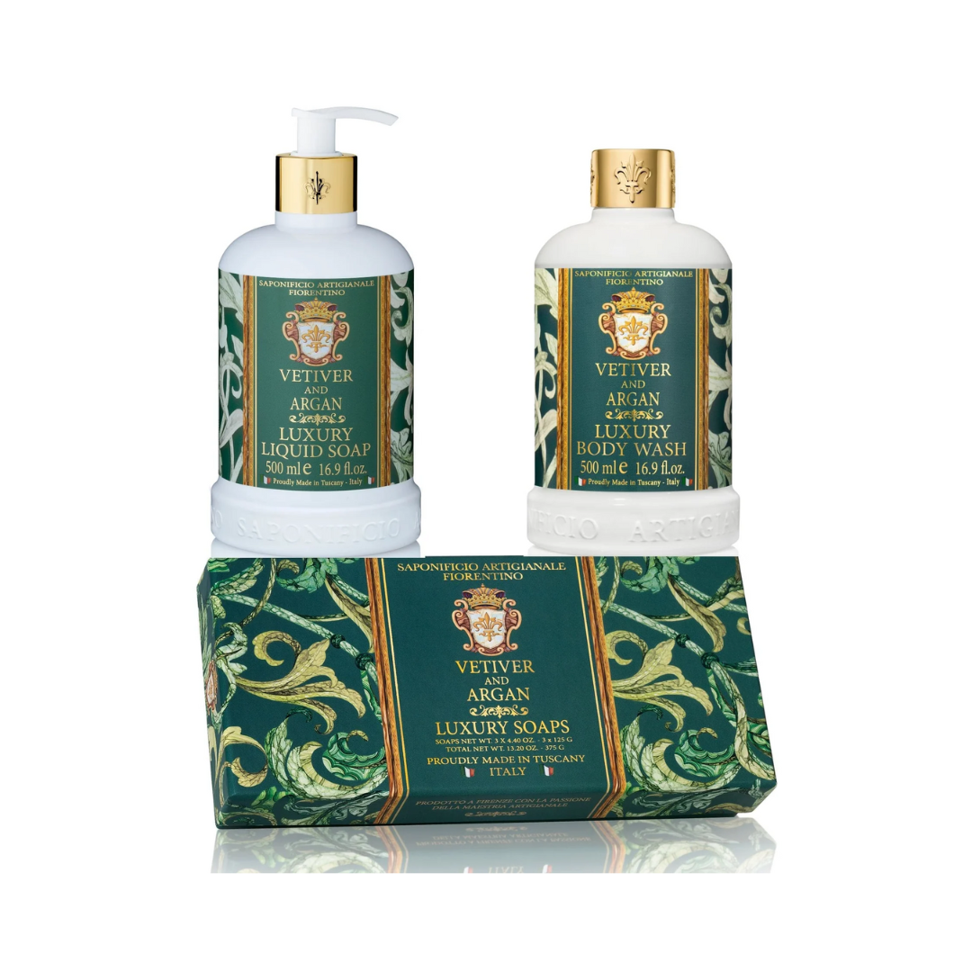 Bath & Body Gift Sets - Saponificio Artigianale Fiorentino - Saponificio Artigianale Fiorentino Vetiver & Argan Bundle Set Complete Luxury Gift Collection - The Gift Company