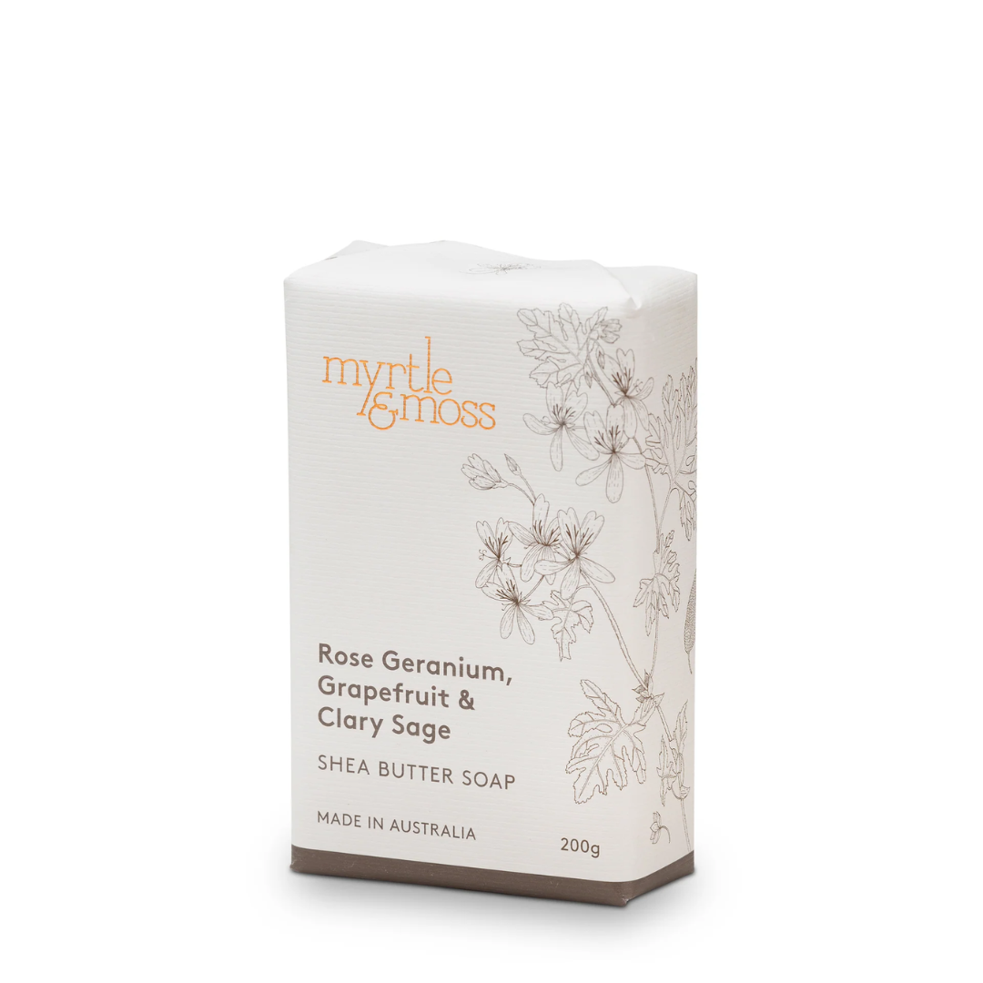Bath Soap Bar - Myrtle & Moss - Myrtle & Moss Shea Butter Soap Rose Geranium, Grapefruit & Clary Sage 200g - The Gift Company