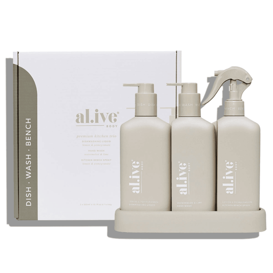 Bench Spray, Dishwashing Liquid & Hand Wash - Al.ive - al.ive body Kitchen Trio - Bench Spray, Dishwashing Liquid, Hand Wash & Tray - The Gift Company