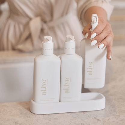 Bench Spray, Dishwashing Liquid & Hand Wash - Al.ive - al.ive body Kitchen Trio - Bench Spray, Dishwashing Liquid, Hand Wash & Tray (White) - The Gift Company