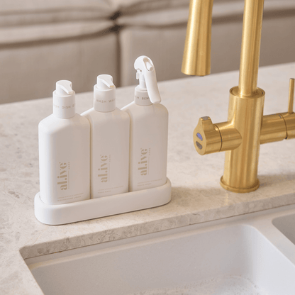 Bench Spray, Dishwashing Liquid & Hand Wash - Al.ive - al.ive body Kitchen Trio - Bench Spray, Dishwashing Liquid, Hand Wash & Tray (White) - The Gift Company