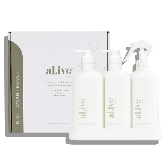 Bench Spray, Dishwashing Liquid & Hand Wash - Al.ive - al.ive body Kitchen Trio - Bench Spray, Dishwashing Liquid, Hand Wash & Tray (White) - The Gift Company