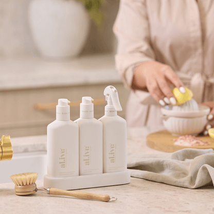 Bench Spray, Dishwashing Liquid & Hand Wash - Al.ive - al.ive body Kitchen Trio - Bench Spray, Dishwashing Liquid, Hand Wash & Tray (White) - The Gift Company