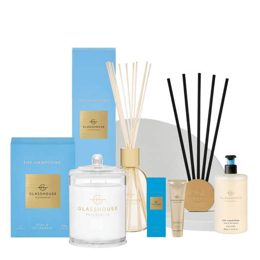 Bundle - Glasshouse - Glasshouse Fragrances The Hamptons Signature Bundle - Candle, Diffuser, Stems & Stand, Hand Wash, Hand Cream (worth $210) - The Gift Company