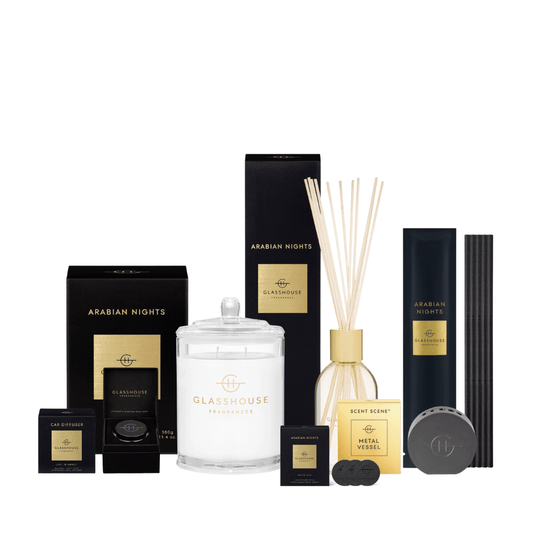 Candle - Glasshouse - Glasshouse Fragrances Arabian Nights Ultimate Bundle (Candle, Diffuser, Scent Stems, Car Diffuser & Replacement) valued $215 - The Gift Company