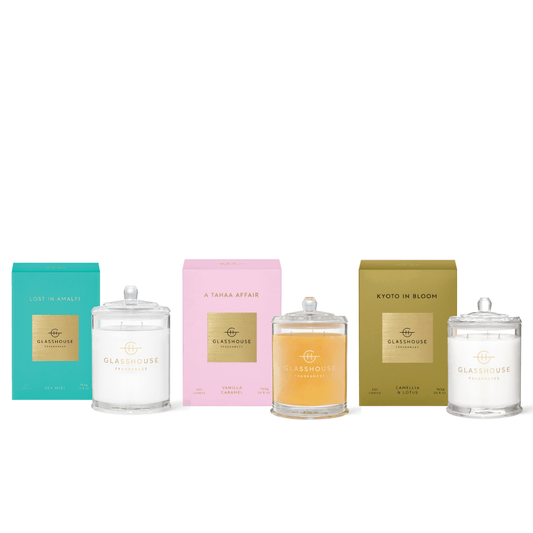 Candle - Glasshouse - Glasshouse Fragrances Candle Trio A Tahaa Affair, Kyoto in Bloom, Lost in Amalfi (worth $165) - The Gift Company