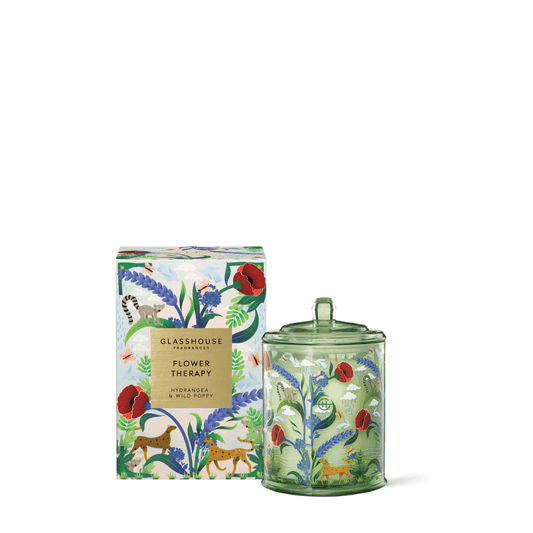 Candle - Glasshouse - Glasshouse Fragrances Flower Therapy Hydrangea & Wild Poppy Triple Scented Soy Candle 380g - The Gift Company