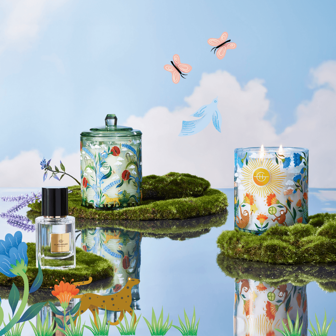 Candle - Glasshouse - Glasshouse Fragrances Summer Refresh Bundle (Flower Therapy Candle 380g, Flower Therapy Perfume 30mL, Mocktail Meditation Candle 380g) - The Gift Company