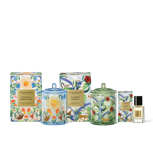Candle - Glasshouse - Glasshouse Fragrances Summer Refresh Bundle (Flower Therapy Candle 380g, Flower Therapy Perfume 30mL, Mocktail Meditation Candle 380g) - The Gift Company