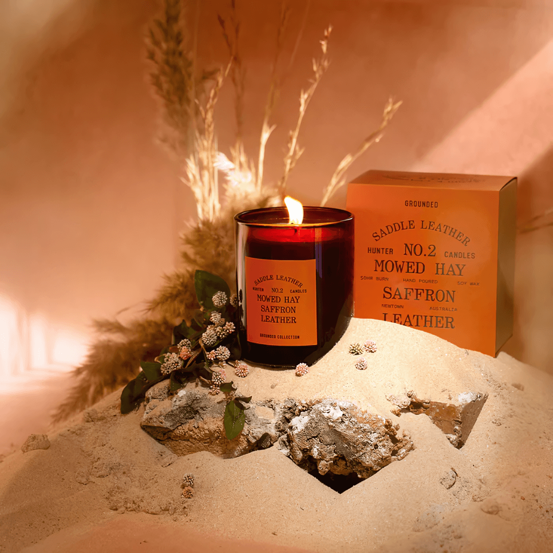 Candle - Hunter - Hunter No. 2 Mowed Hay, Saffron, Leather Soy Candle Saddle Leather - The Gift Company