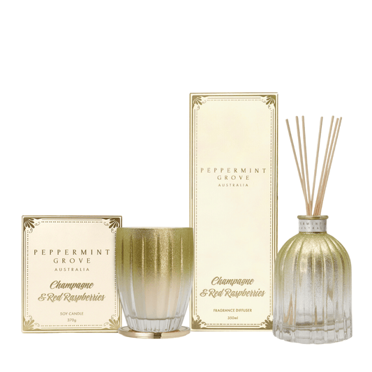 Candle - Peppermint Grove - Peppermint Grove Champagne & Red Raspberries Candle 370g & Diffuser 350mL Bundle (worth $95) - The Gift Company